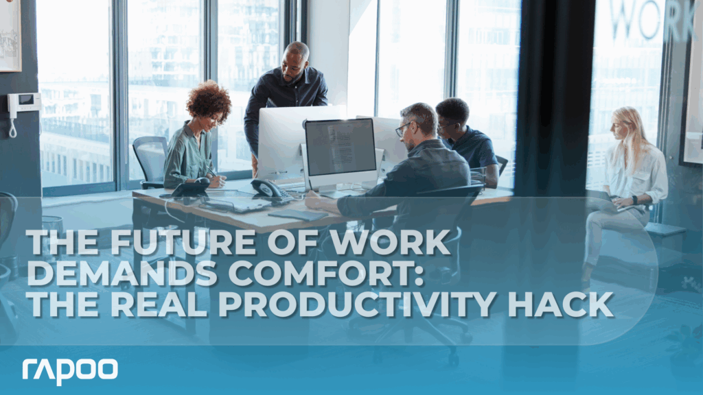 Professionals working comfortably around a desk with ergonomic peripherals.